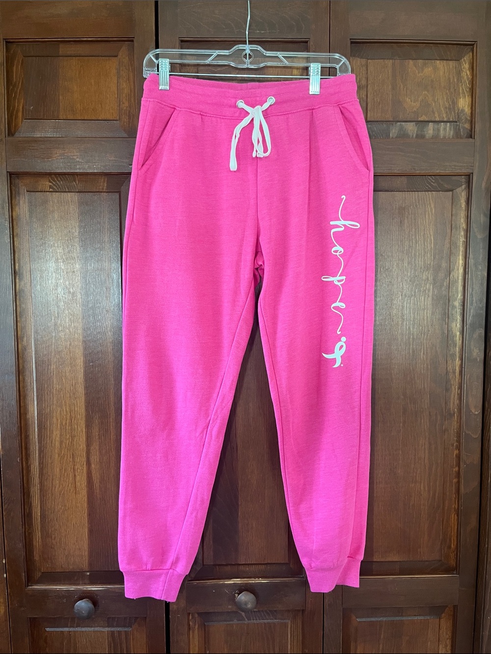 Hot Pink Women's Jogger Pants with White Script “HOPE” Accent